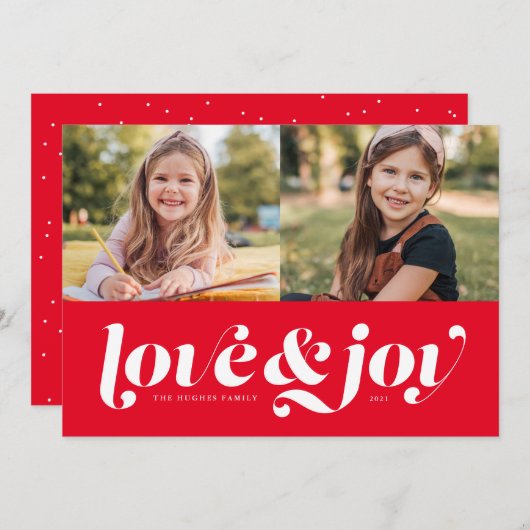 Liefde en vreugde rood twee foto feestdagenkaart (Voorkant / Achterkant)