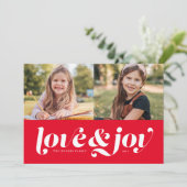 Liefde en vreugde rood twee foto feestdagenkaart (Staand voorkant)