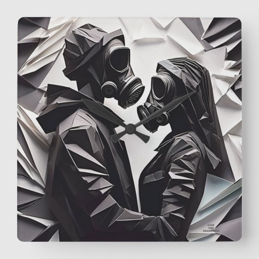 LIEFDE EN WEERSTAND Origami B/W Vierkante Klok (Voorkant)