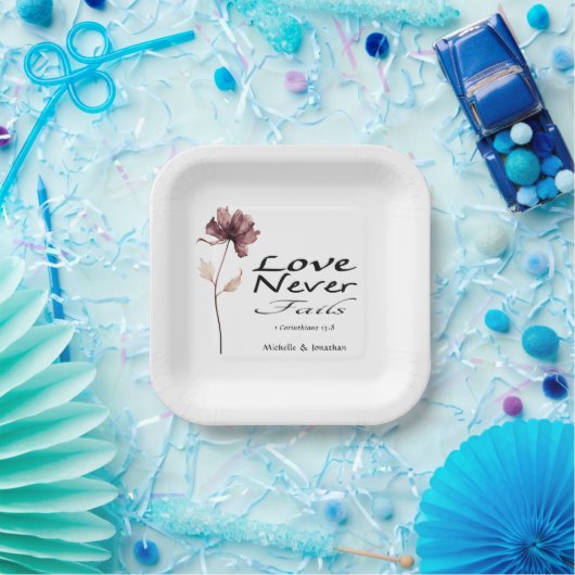 Liefde faalt nooit Bijbel Bourgondië Bloem Bruilof Papieren Bordje (Feest)