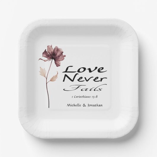 Liefde faalt nooit Bijbel Bourgondië Bloem Bruilof Papieren Bordje (Voorkant)