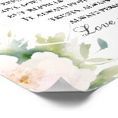 Liefde faalt nooit Bijbelvers Elegant wit bloemetj Poster (Hoek)