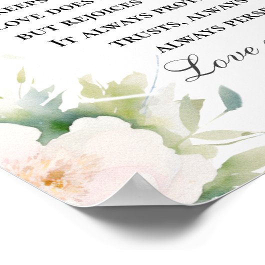 Liefde faalt nooit Bijbelvers Elegant wit bloemetj Poster (Hoek)