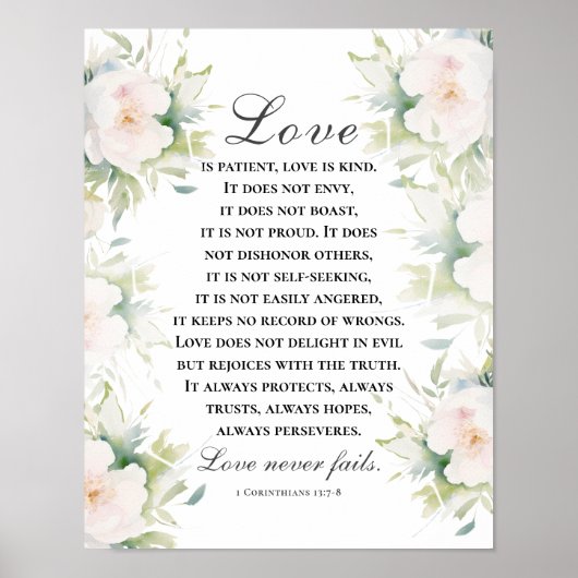 Liefde faalt nooit Bijbelvers Elegant wit bloemetj Poster (Voorkant)