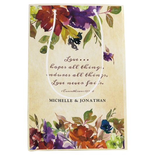 Liefde faalt nooit Bijbelvers Herfst Bloemenbruilo Medium Cadeauzakje (Voorkant)