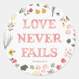 "Liefde faalt nooit" - Floral Ronde Sticker