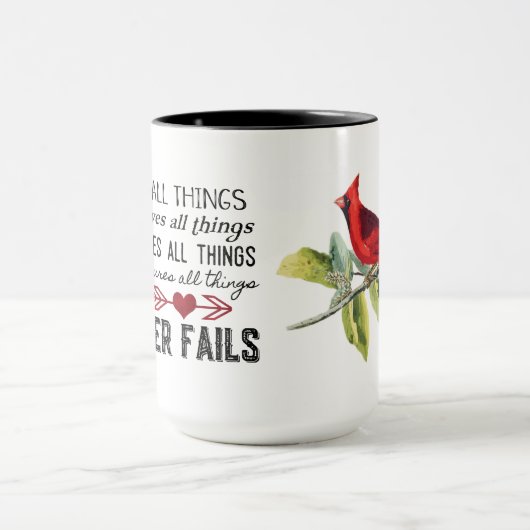 Liefde faalt nooit kardinaal 15 oz. Mok (Midden)