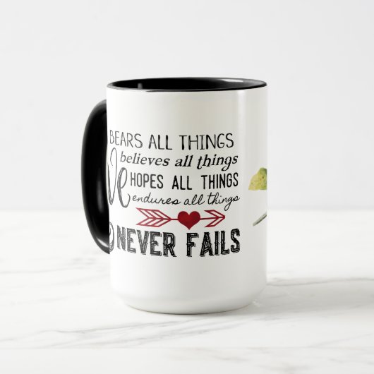 Liefde faalt nooit kardinaal 15 oz. Mok (Voorkant links)