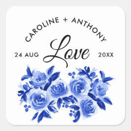 Liefde. Floral Wedding Royal Blue Waterverf Vierkante Sticker