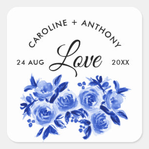 Liefde. Floral Wedding Royal Blue Waterverf Vierkante Sticker