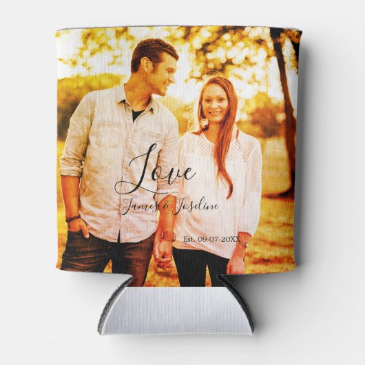 Liefde foto toevoegen naam set. Datum jaar bruilof Blikjeskoeler (Voorkant)