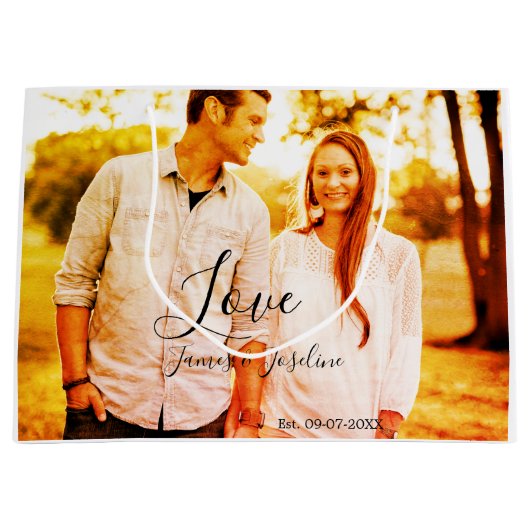 Liefde foto toevoegen naam set. Datum jaar bruilof Groot Cadeauzakje (Voorkant)