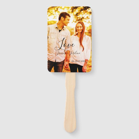 Liefde foto toevoegen naam set. Datum jaar bruilof Handwaaier (Voorkant)