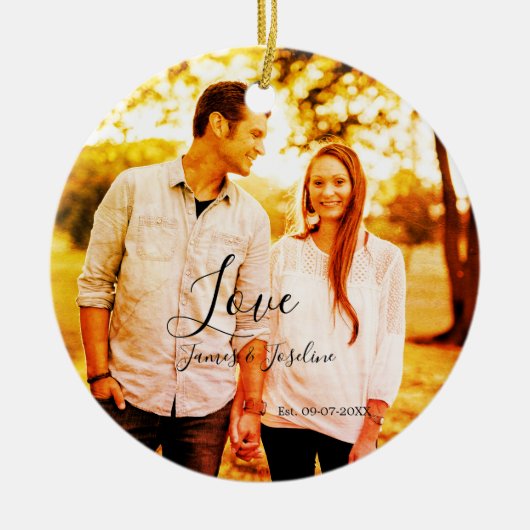 Liefde foto toevoegen naam set. Datum jaar bruilof Keramisch Ornament (Voorkant)
