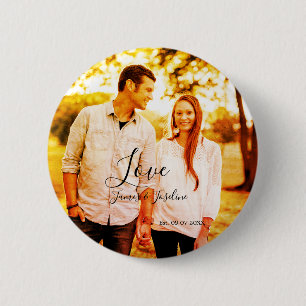 Liefde foto toevoegen naam set. Datum jaar bruilof Ronde Button 5,7 Cm