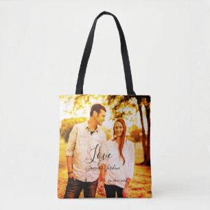 Liefde foto toevoegen naam set. Datum jaar bruilof Tote Bag
