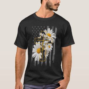 Liefde Geloof Madeliefjes Bloemen Kruis Vlag Chris T-shirt