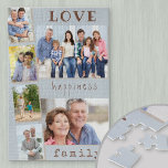 Liefde geluk Familie Blauwe Fotostrip Collage Legpuzzel<br><div class="desc">Aangepaste foto-puzzel met 6 van je eigen foto's. De fotocollage kenmerkt 2 landschapsafbeeldingen plus 4 portretfoto's, plaatste de stijl van de fotostrip. Het ontwerp is prachtig geformuleerd, vooral als cadeau voor het gezin, dat ... liefde voor geluk familie ... in trendy typemachine stijl en bizarre typografie. De puzzel heeft een...</div>