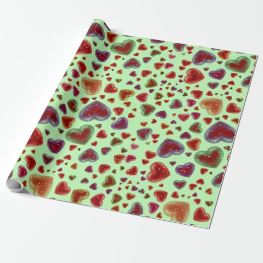Liefde, glitterige harten, groen 2 cadeaupapier (Uitgerold)