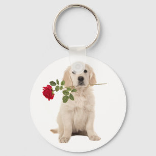 Liefde Golden Retriever Puppy Hond Rode Roos Sleut Sleutelhanger