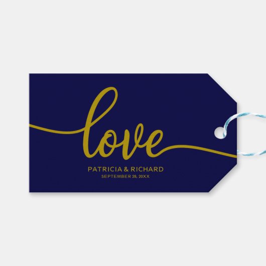 Liefde - Goud Navy Blauw Kalligrafie Bruiloft guns Cadeaulabel (Voorkant (Horizontaal))