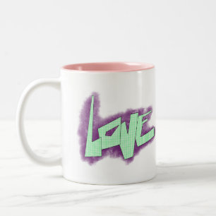 liefde graffiti paars groen mint typografie stippe tweekleurige koffiemok