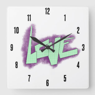 liefde graffiti paars groen mint typografie stippe vierkante klok