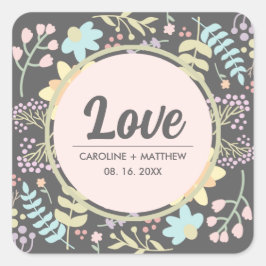 Liefde. Grijs Blush Roze Modern Floral Wedding Vierkante Sticker