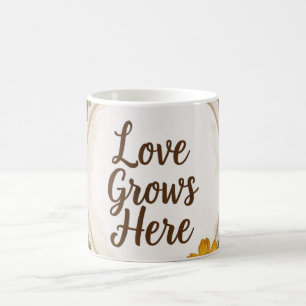 Liefde groeit boho, wilde bloemen, tarwe, vlinders koffiemok