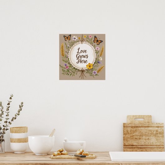 Liefde groeit boho, wilde bloemen, tarwe, vlinders poster (Keuken)