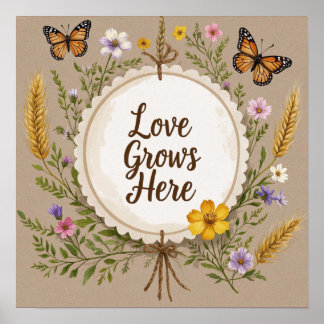 Liefde groeit boho, wilde bloemen, tarwe, vlinders poster