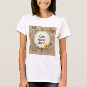 Liefde groeit boho, wilde bloemen, tarwe, vlinders t-shirt