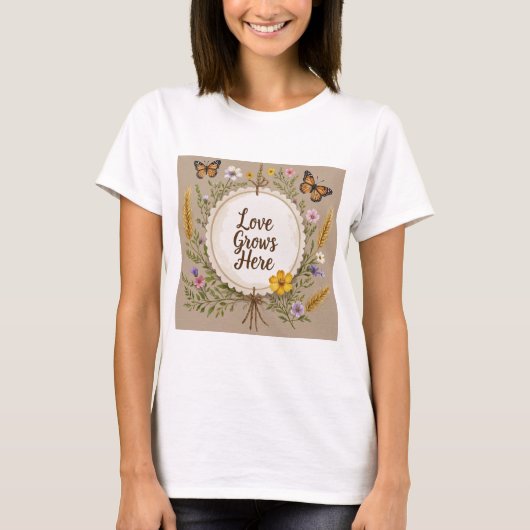 Liefde groeit boho, wilde bloemen, tarwe, vlinders t-shirt (Voorkant)