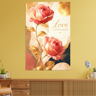 Liefde groeit hier – luxe gouden roos canvas wandk afdruk