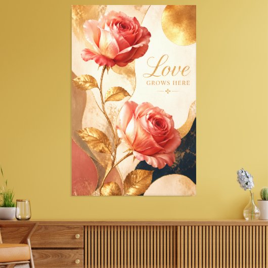 Liefde groeit hier – luxe gouden roos canvas wandk afdruk (Insitu (Woonkamer))