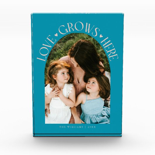 Liefde Groeit Hier Moderne Boog Aqua Perzik Fotoblokken (Voorkant)
