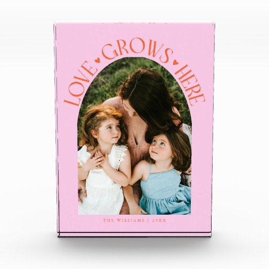 Liefde groeit hier Moderne boog oranje roze Fotoblokken (Voorkant)
