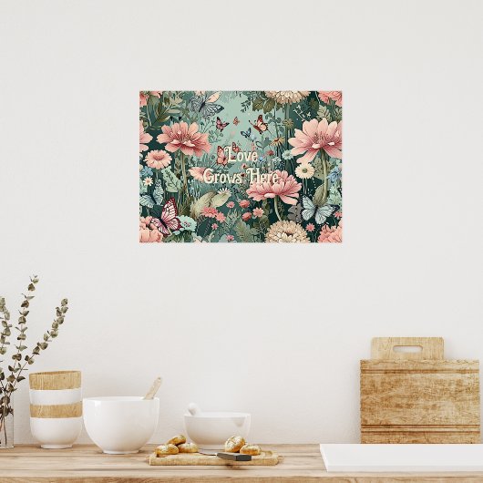 Liefde Groeit Hier - Pastel Bloemen & Vlinder Poster (Keuken)