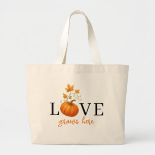 Liefde groeit hier   Pompoenlettering herfst Grote Tote Bag