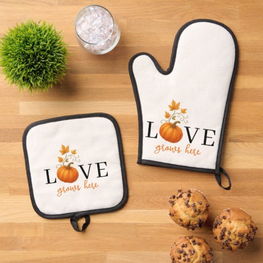 Liefde groeit hier | Pompoenlettering herfst Ovenwant & Pannenlap Set (Top down)