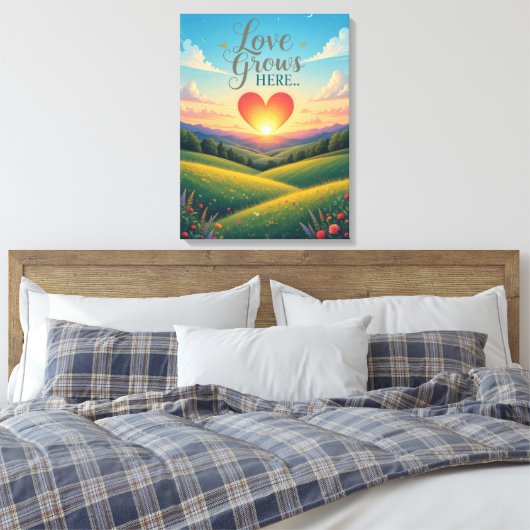 Liefde groeit hier Romantische Hart Kunst Canvas Afdruk (Insitu (Slaapkamer))