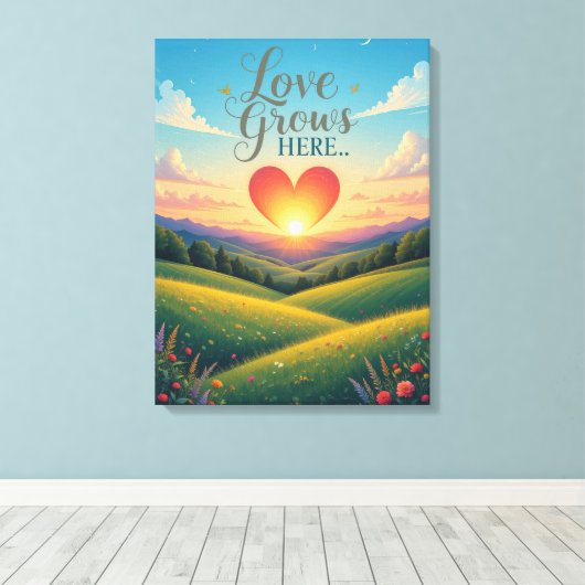 Liefde groeit hier Romantische Hart Kunst Canvas Afdruk (Insitu (Houten vloer))