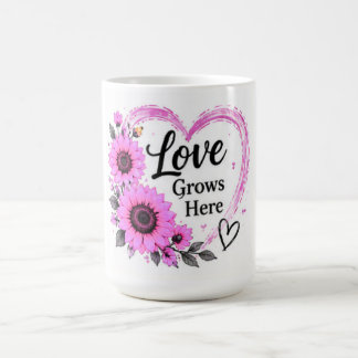 Liefde groeit hier Roze Zonnebloem Bloemhart Koffiemok