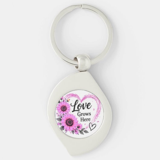 Liefde Groeit Hier Roze Zonnebloem Hart Sleutelhan Sleutelhanger (Voorkant)