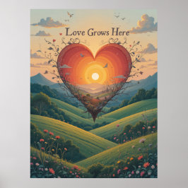 Liefde Groeit Sunset Heart Landscape Art Poster