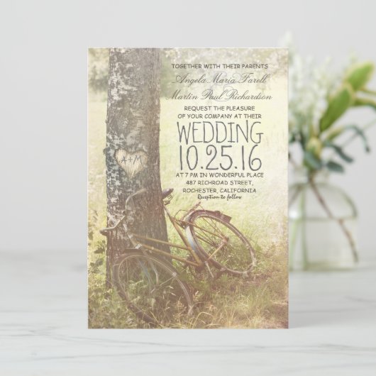 Liefde hart berk boom en fiets rustieke bruiloft kaart (Staand voorkant)