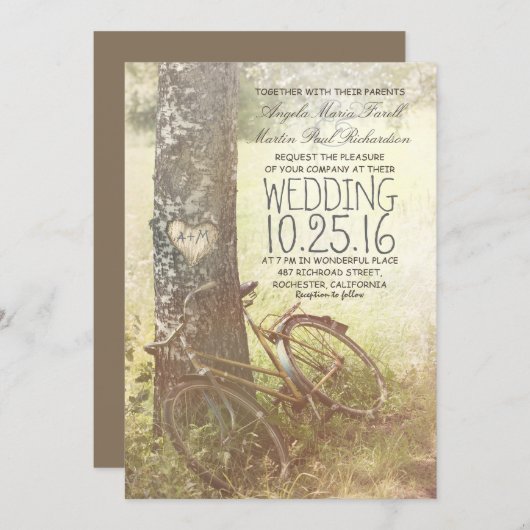 Liefde hart berk boom en fiets rustieke bruiloft kaart (Voorkant / Achterkant)