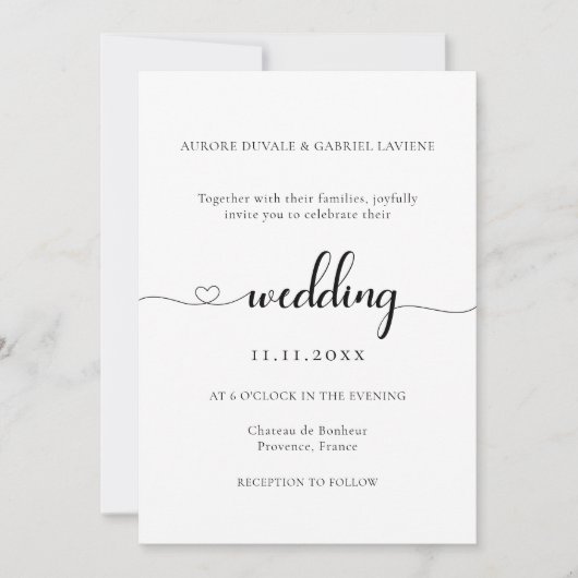 Liefde Hart Modern Elegant Zwart-Wit Bruiloft Kaart (Voorkant)