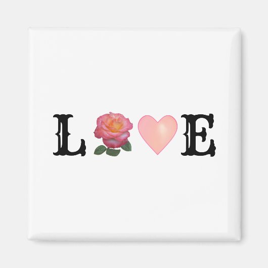 Liefde Hart & Roze Roos Bloem Magneet (Voorkant)