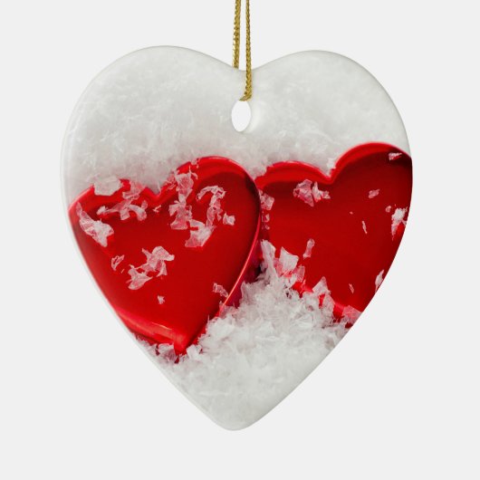 Liefde harten in sneeuw, tweeslachtig hartversiere keramisch ornament (Rechts)